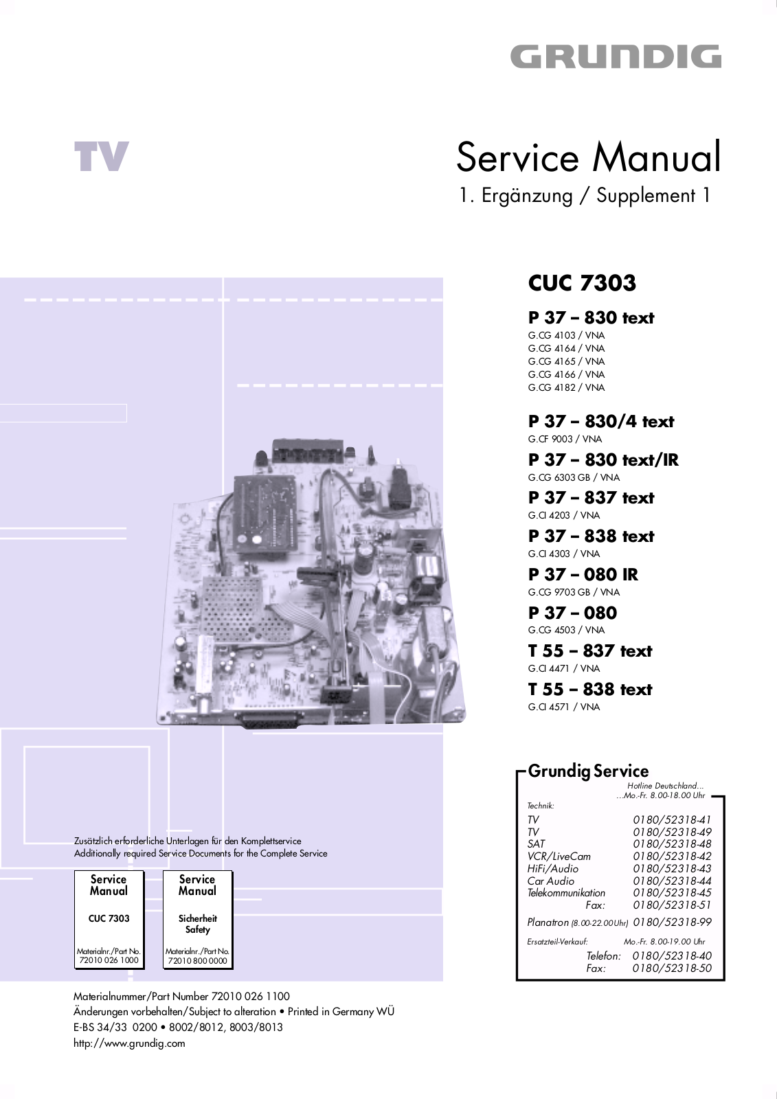 Grundig P 37 – 830 -IR, P 37 – 837, P 37 – 838, T 55 – 837, T 55 – 838 Service Manual