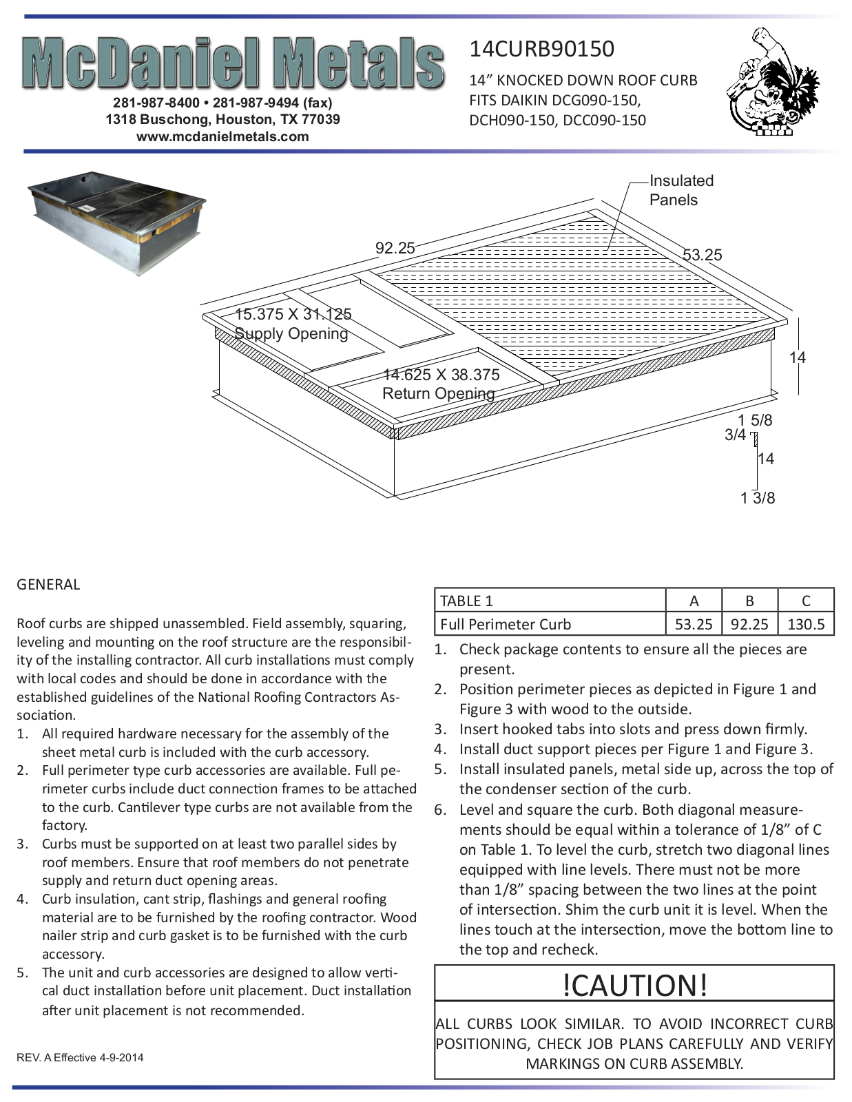 McDaniel Metals 14CURB90150 Installation Manual