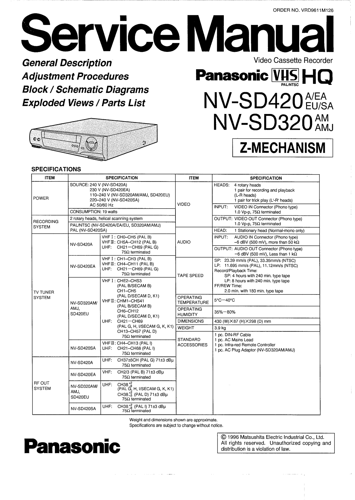 PANASONIC NV-SD320, NV-420 Service Manual