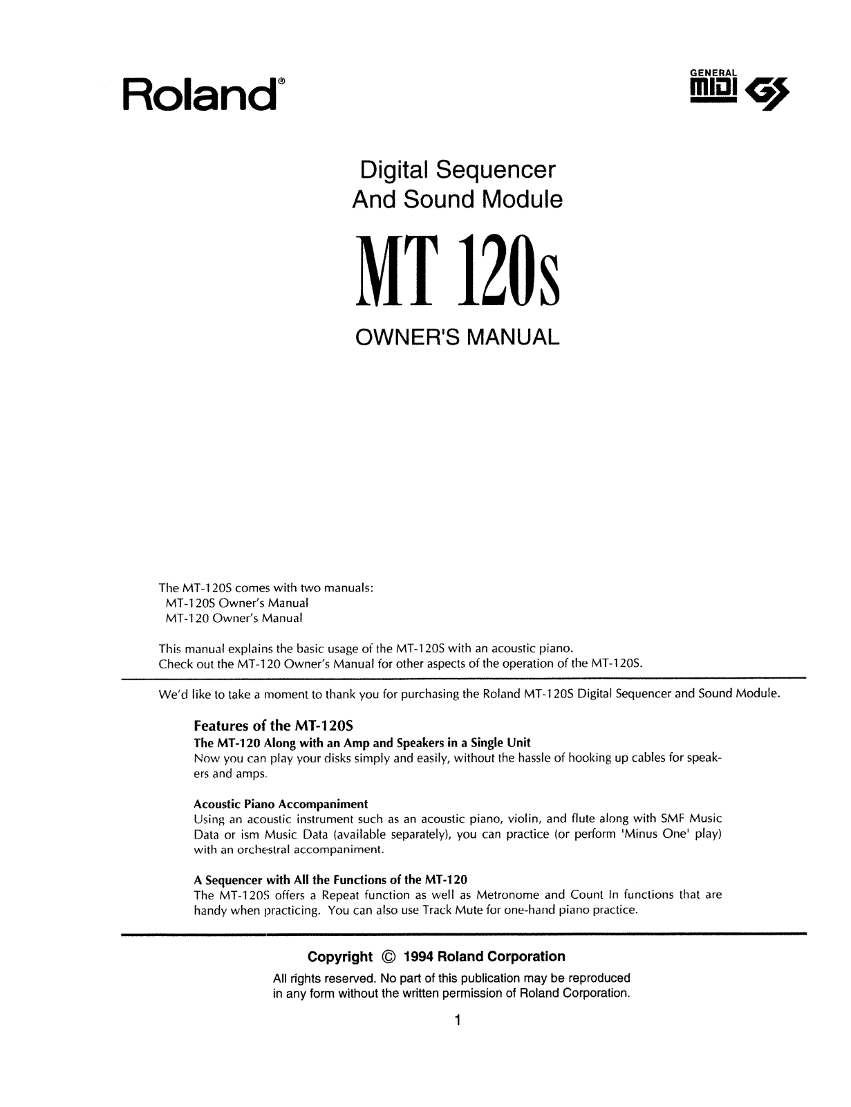 Roland Corporation MT-120S Owner's Manual