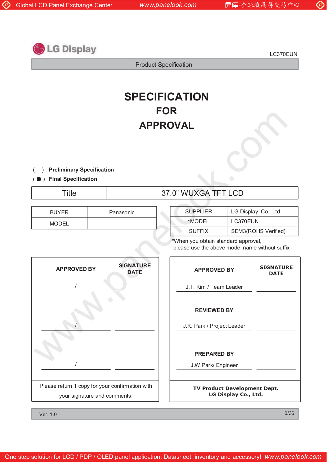 LG Display LC370EUN-SEM3 Specification