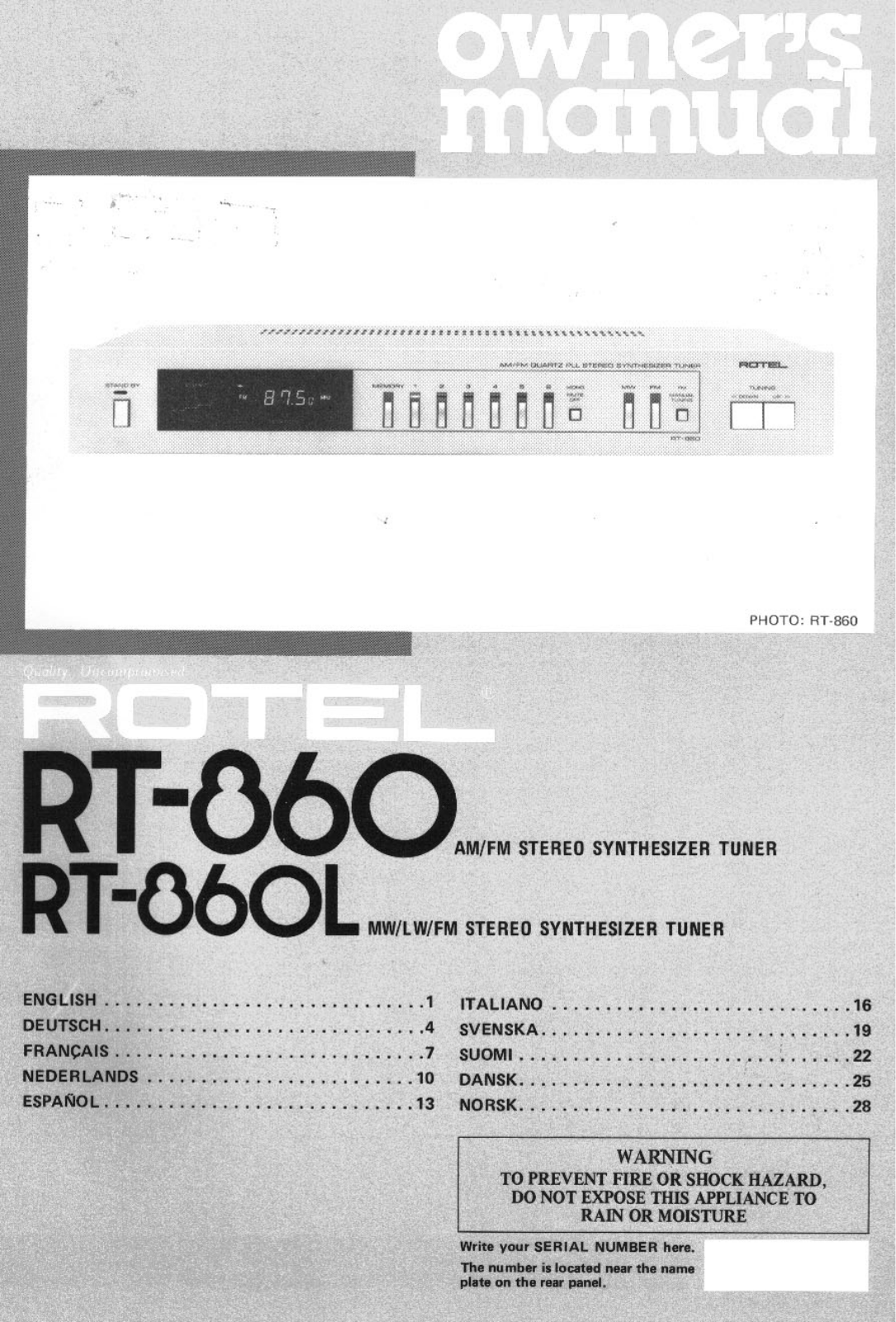 Rotel RT-860L, RT-860 User Manual