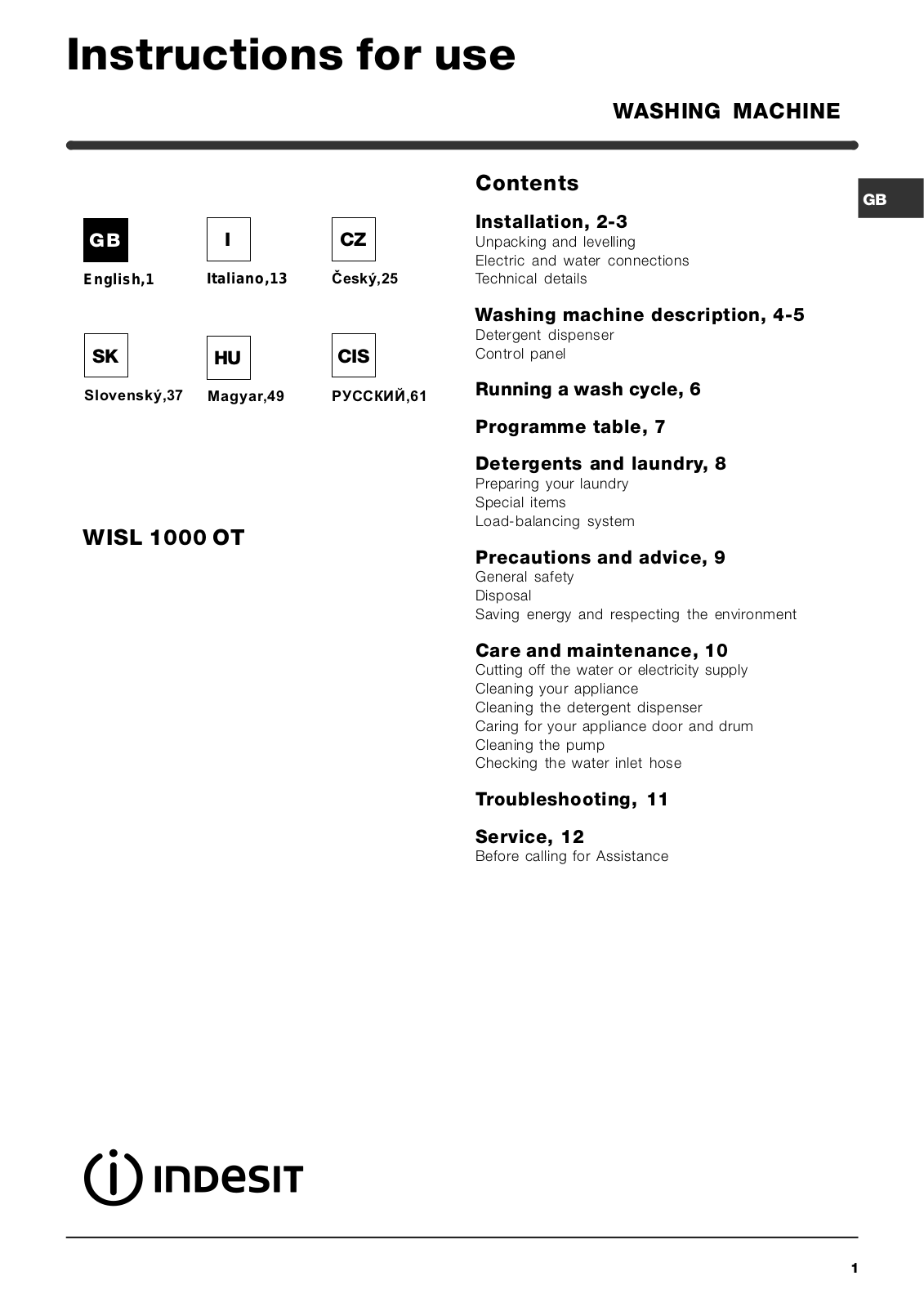 Indesit WISL 1000 OT User Manual