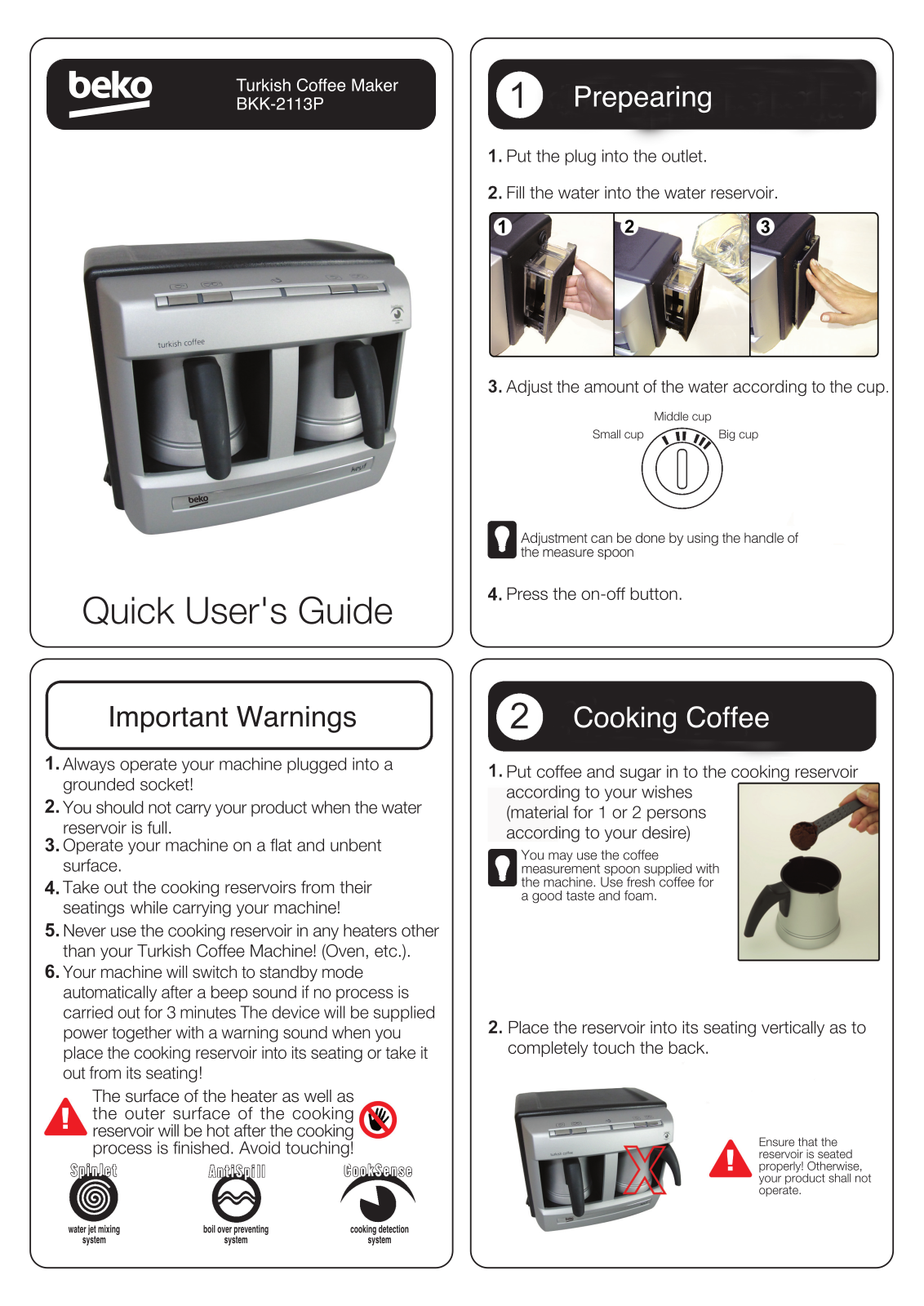 Beko BKK2113P QUICK REFERENCE GUIDE