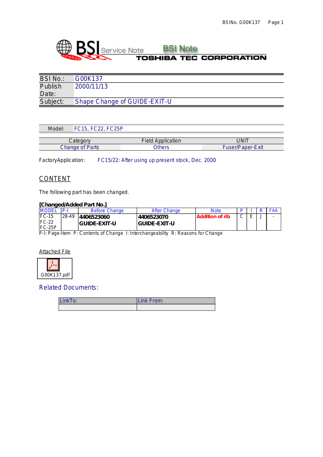 Toshiba G00K137 Service Note