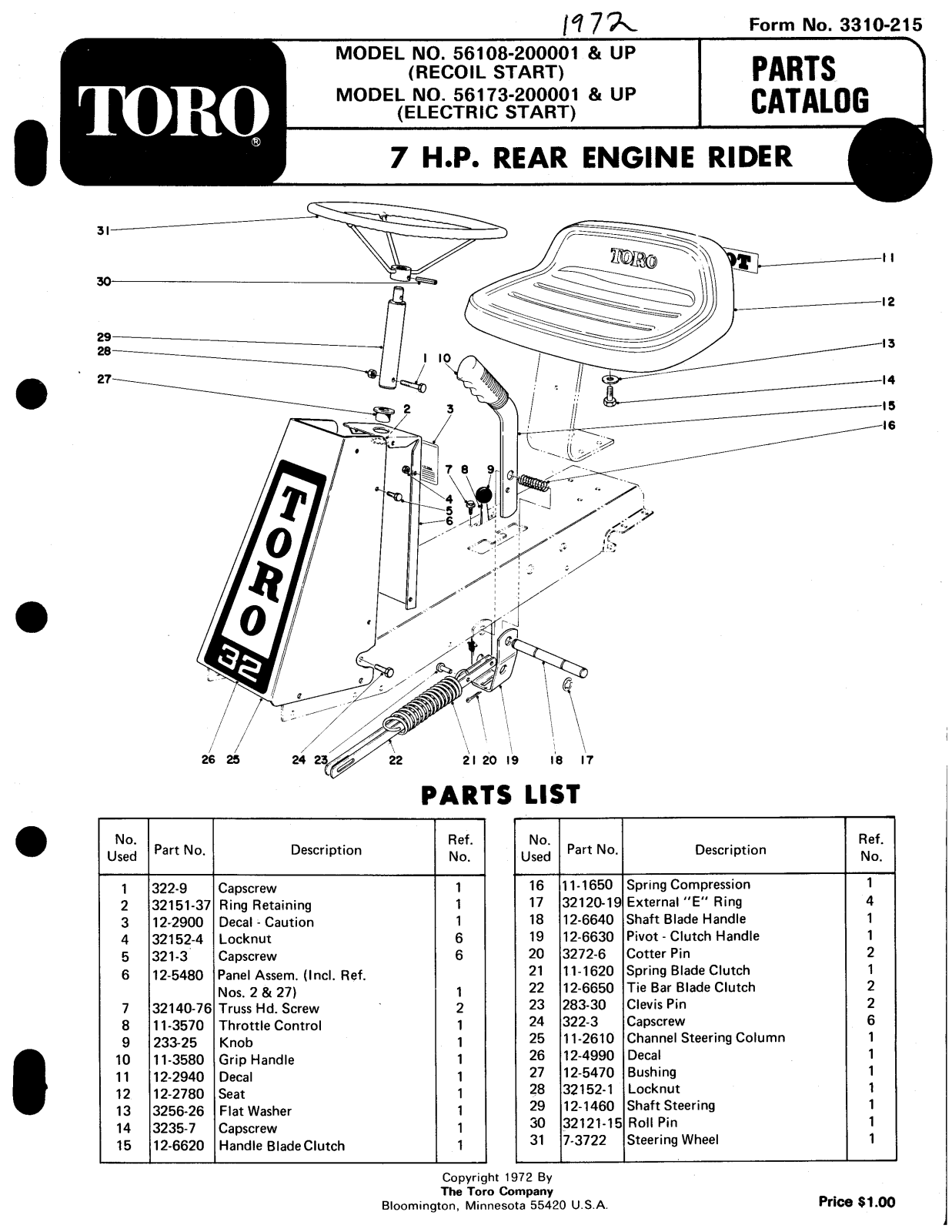 Toro 56108, 56173 Parts Catalogue