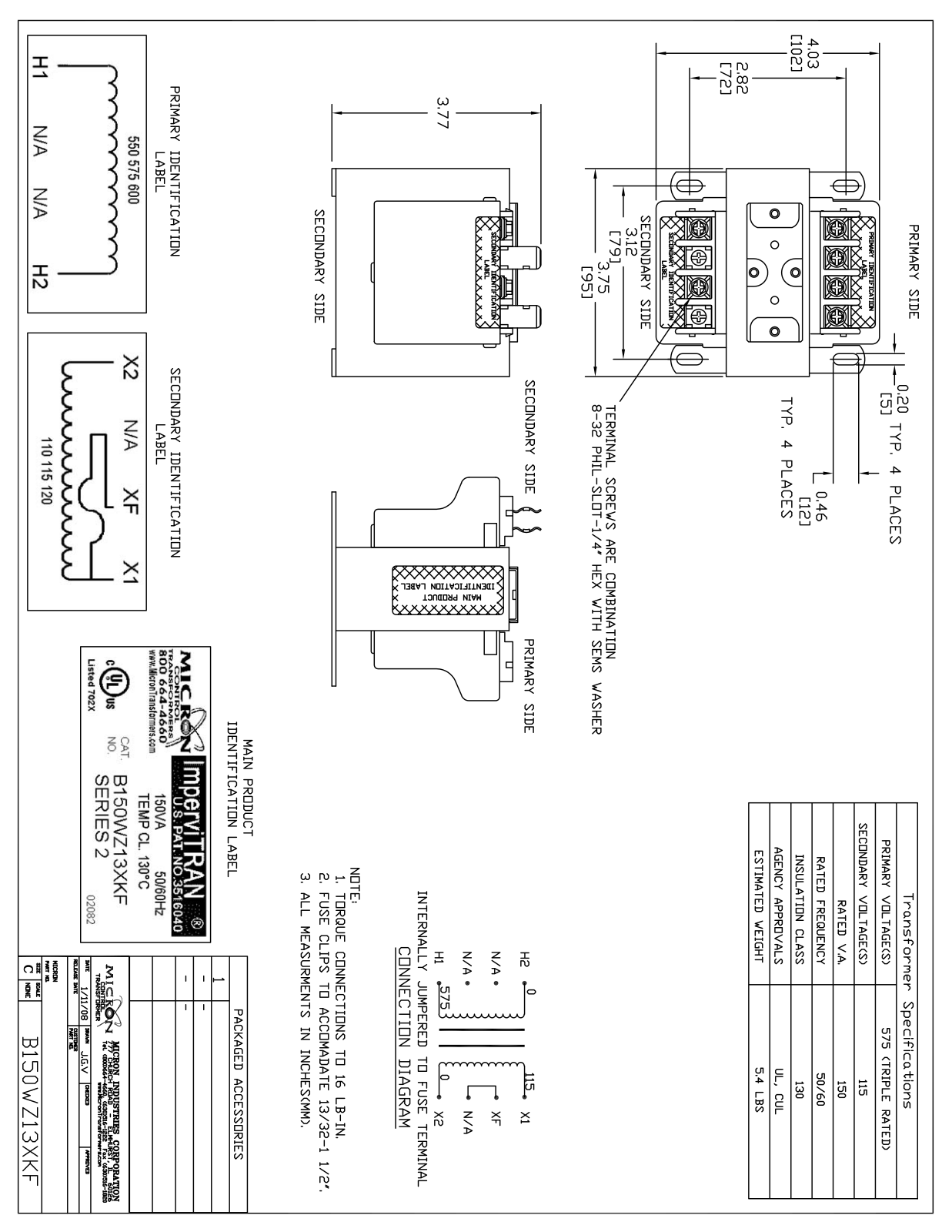 Micron Industries B150WZ13XKF Specification Sheet