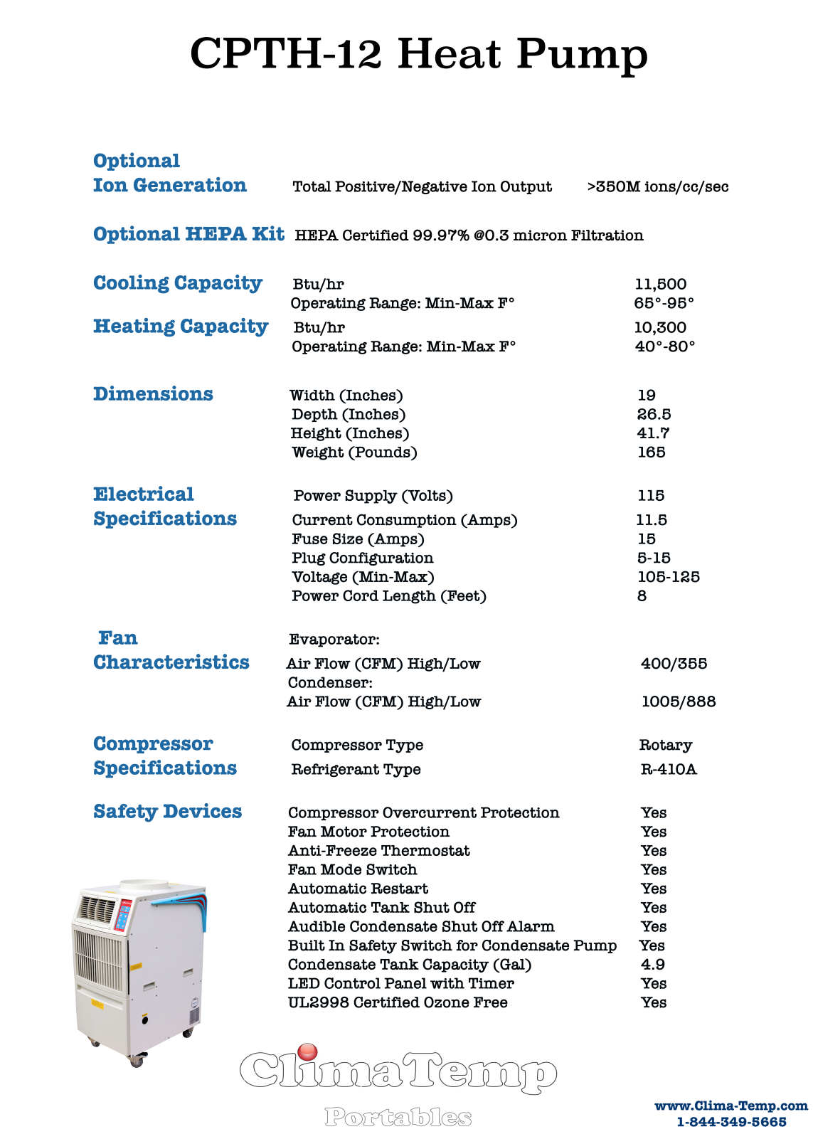 ClimaTemp CPTH-12 Spec Sheet - ManualMachine.com
