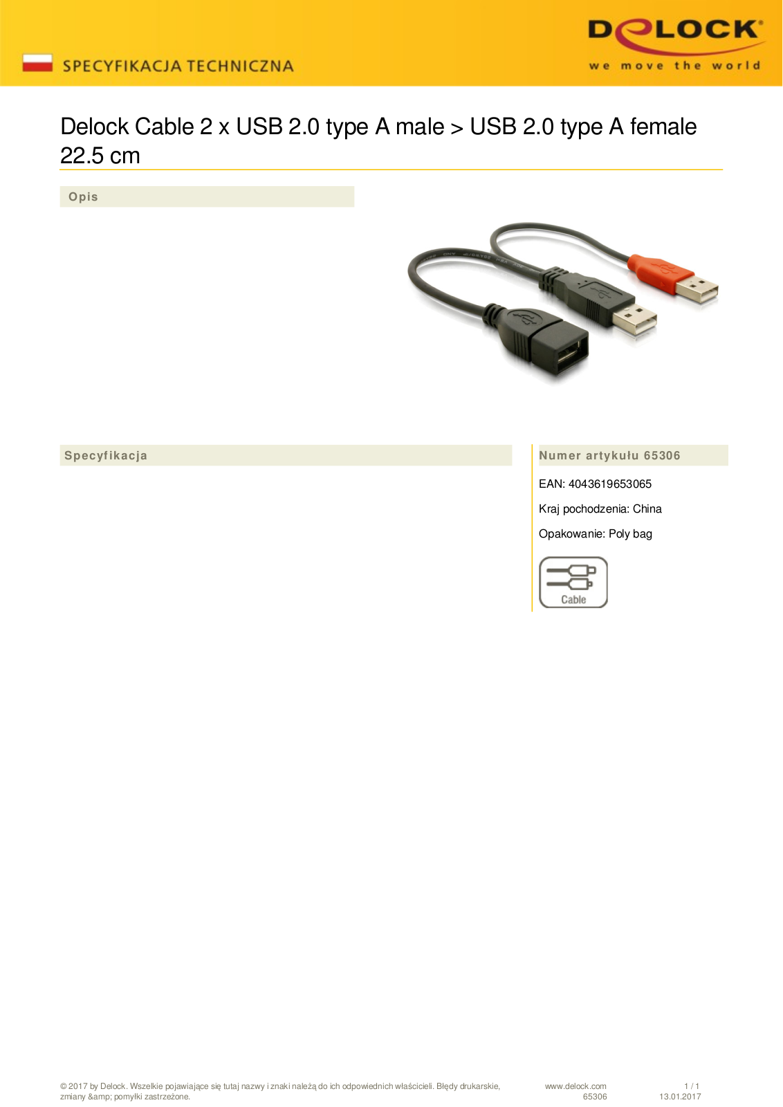 DeLOCK USB 2.0 Y cable, 2x A-A socket User Manual