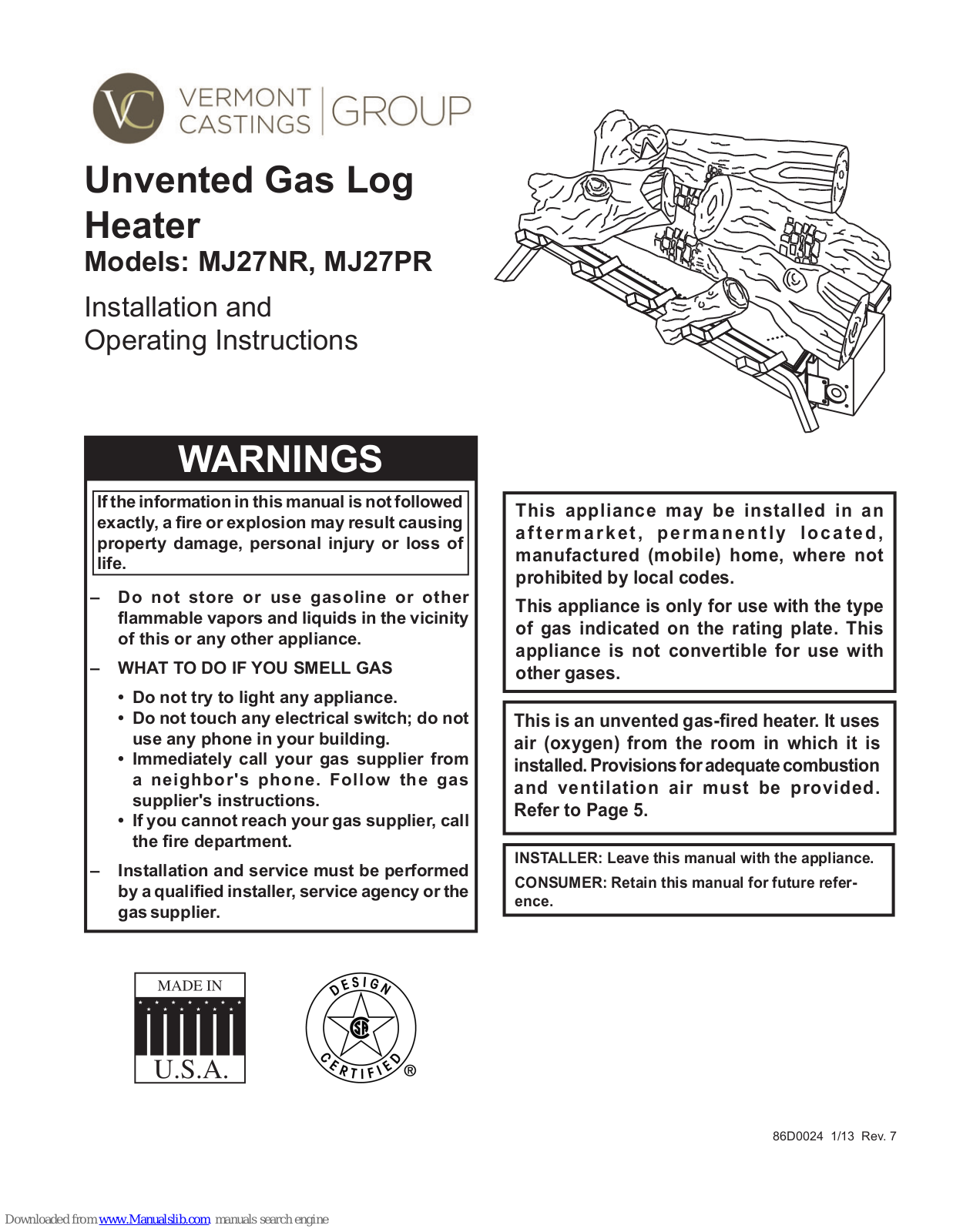 Vermont Castings MJ27NR, MJ27PR Installation And Operating Instructions Manual