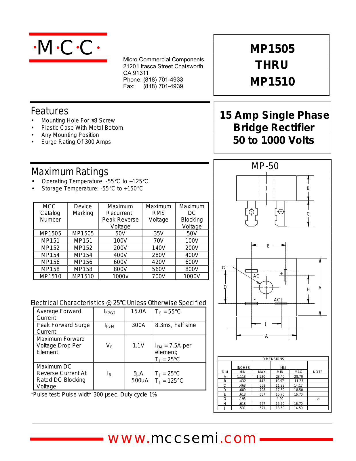 MCC MP156, MP158, MP154, MP1510, MP152 Datasheet