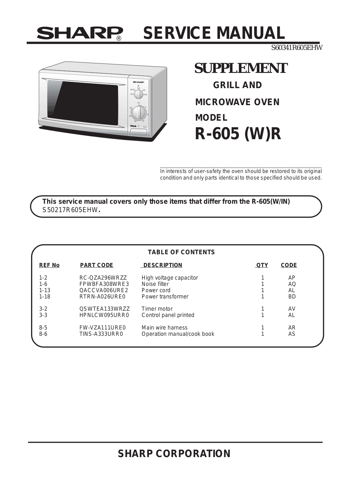 Sharp R-605WR Service manual