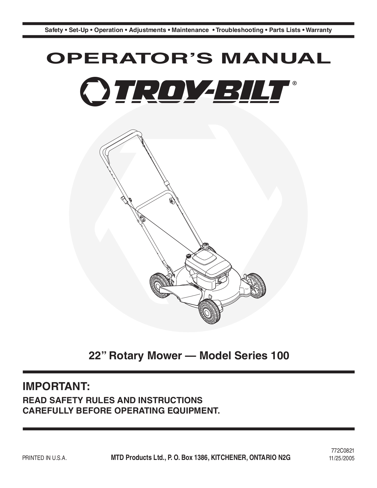 Troy-Bilt 100 User Manual