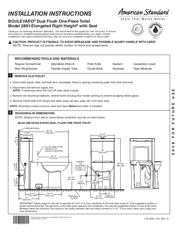 American Standard BOULEVARD Dual Flush One-Piece Toilet, 2891 User Manual