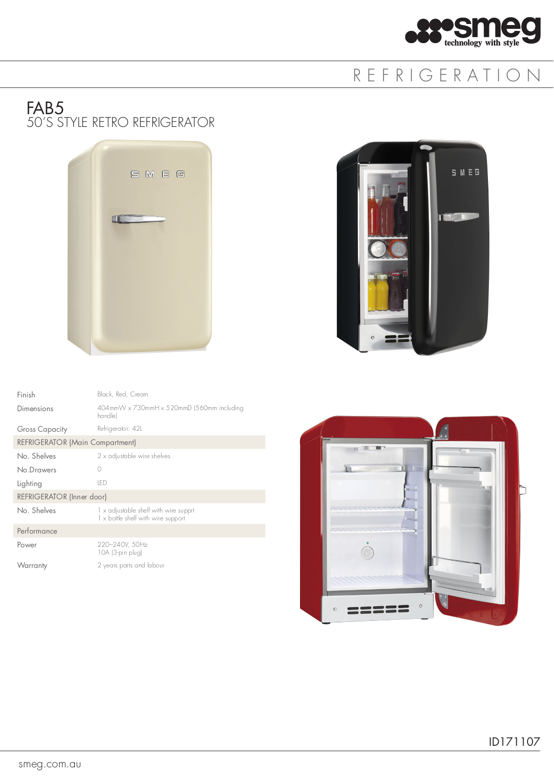 Smeg FAB5RRDA, FAB5RCRA Specifications Sheet