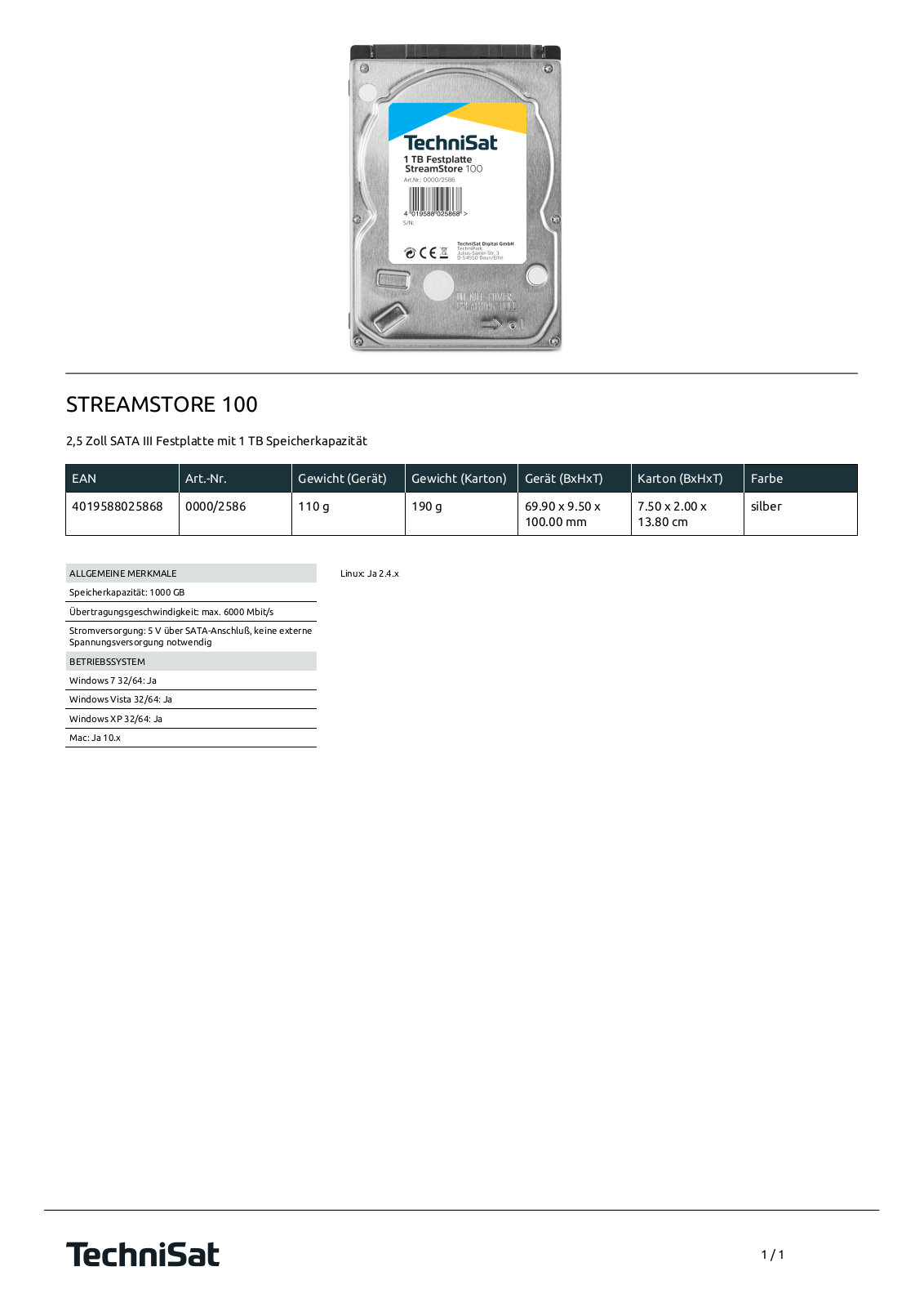 TechniSat STREAMSTORE 100 Technische details