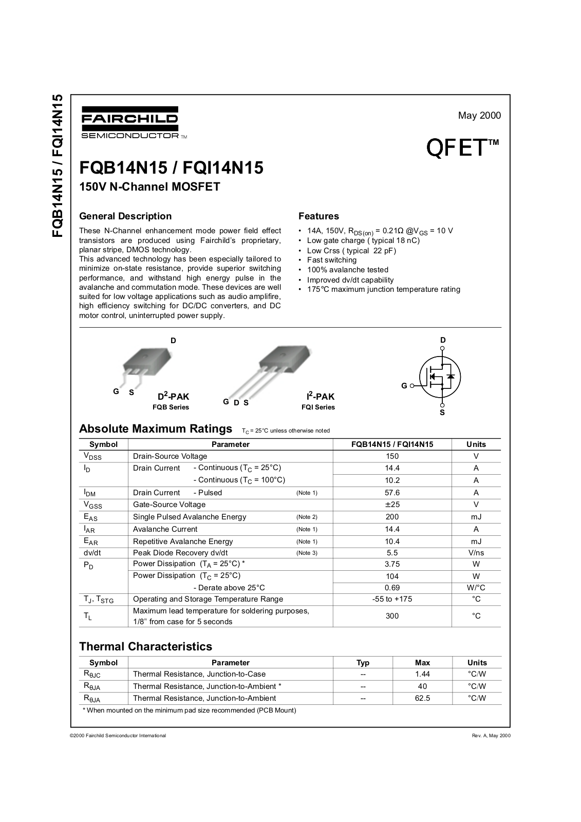 Fairchild Semiconductor FQB14N15 Datasheet