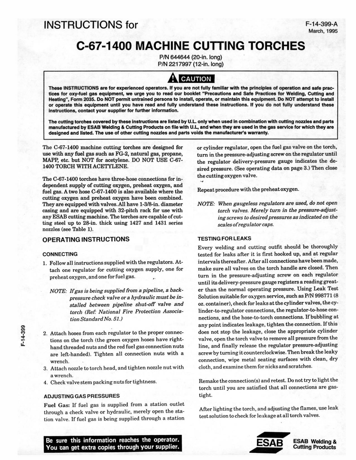 ESAB C-67-1400 Machine Cutting Torches Troubleshooting instruction