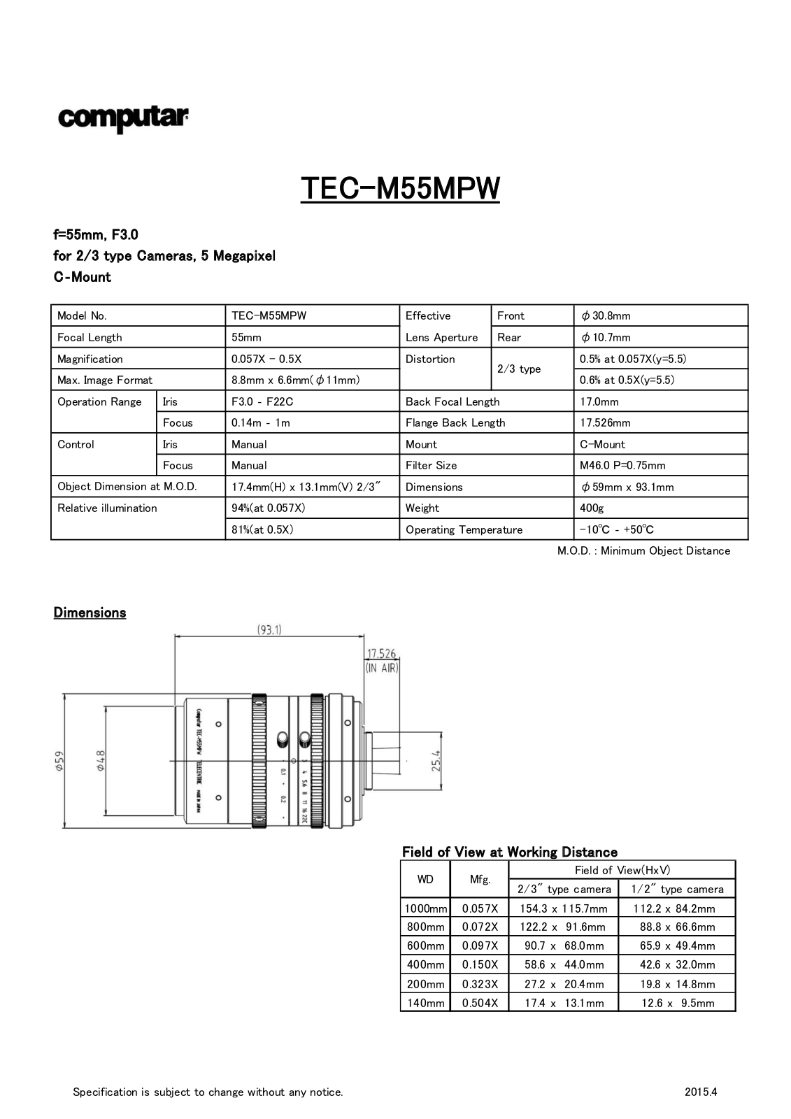 Computar TEC-M55MPW Specsheet