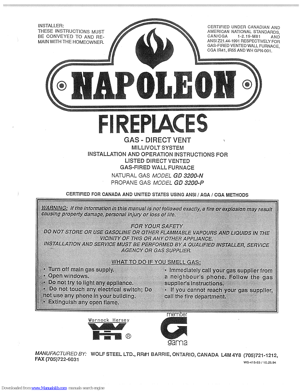 Napoleon GD 3200-N, GD 3200-P Installation And Operation Instructions Manual