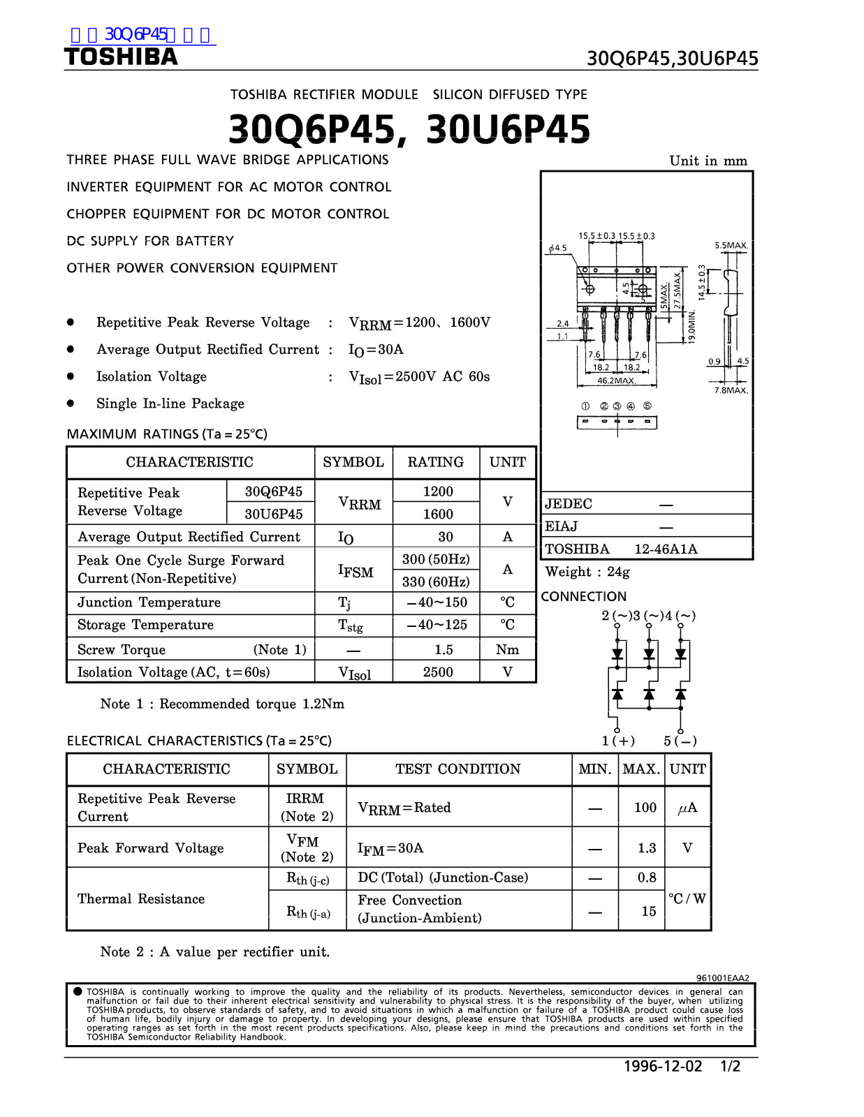 TOSHIBA 30Q6P45, 30U6P45 Technical data