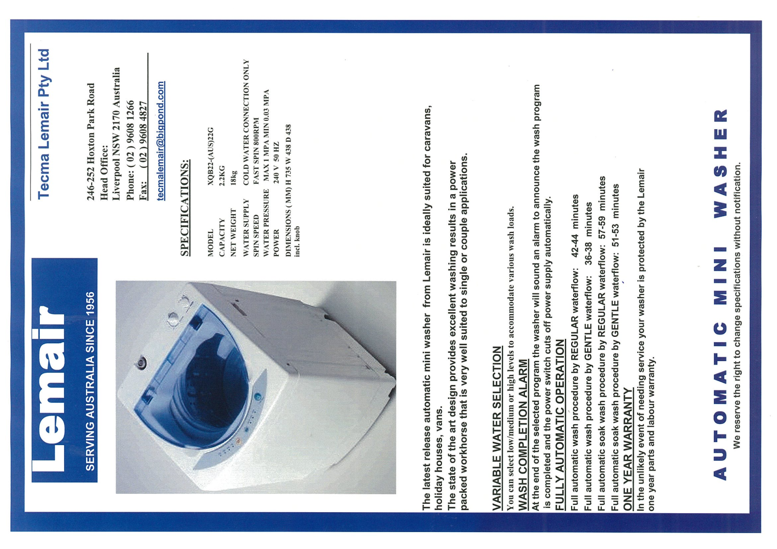 Lemair XQB22 Product Sheet