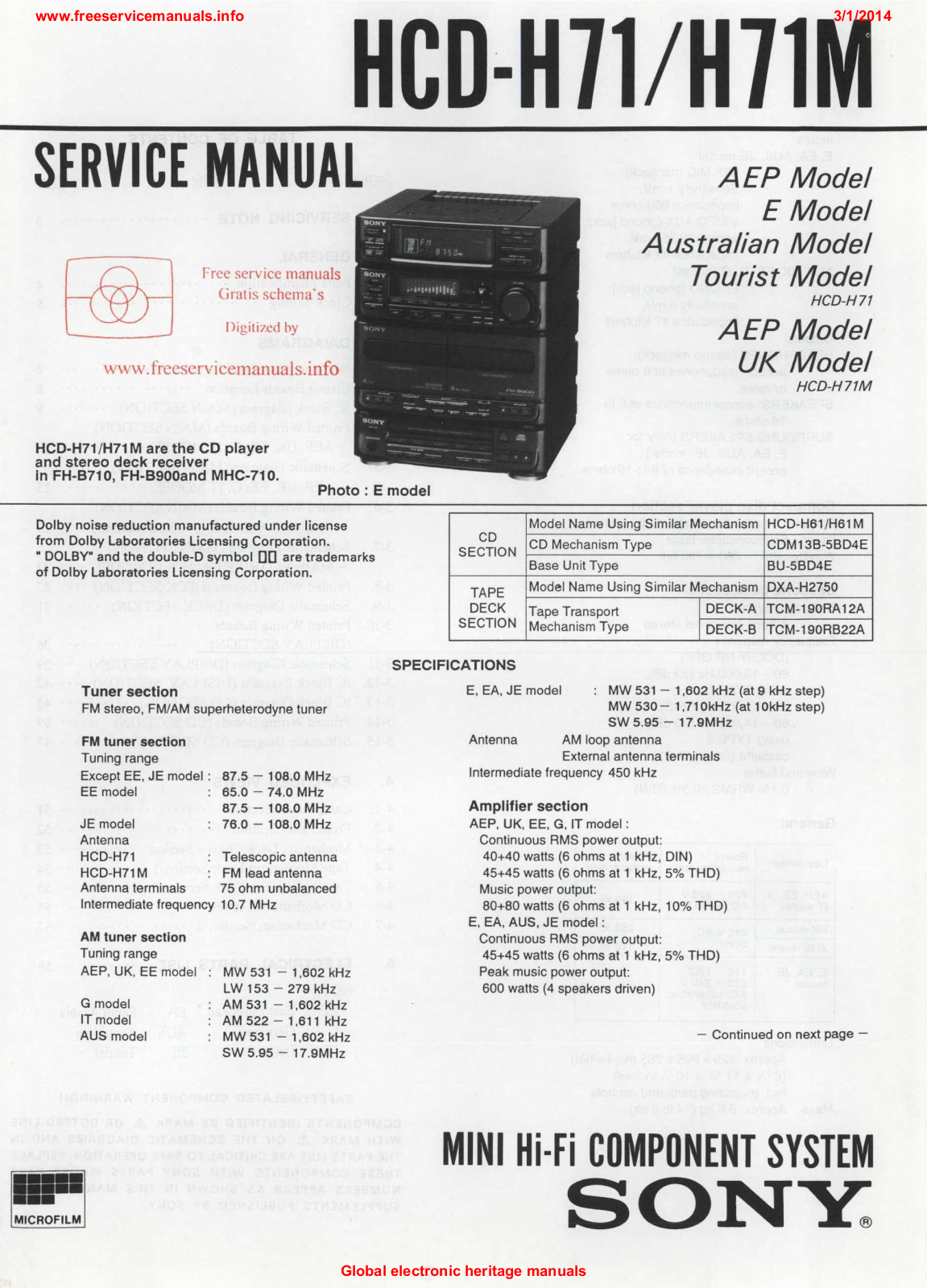 Sony HCD-H71, HCD-H71M Service Manual