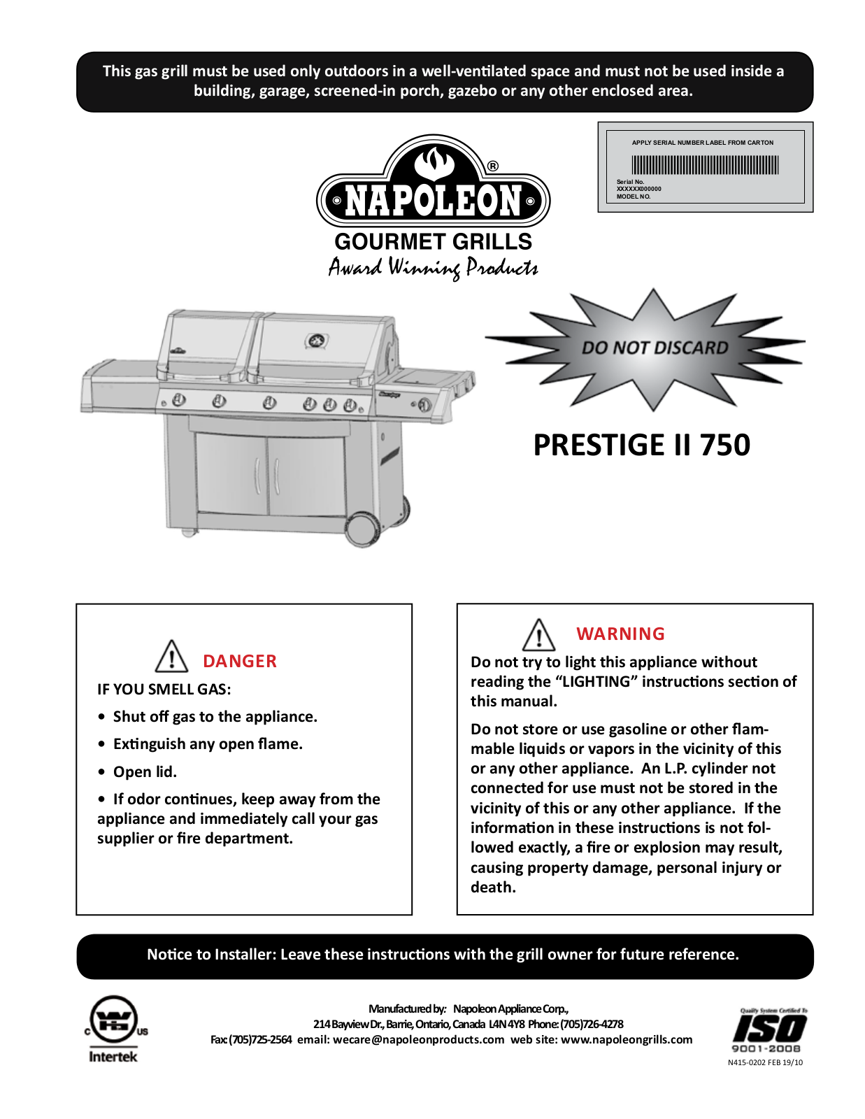 Napoleon Pt750rsbi Owner's Manual