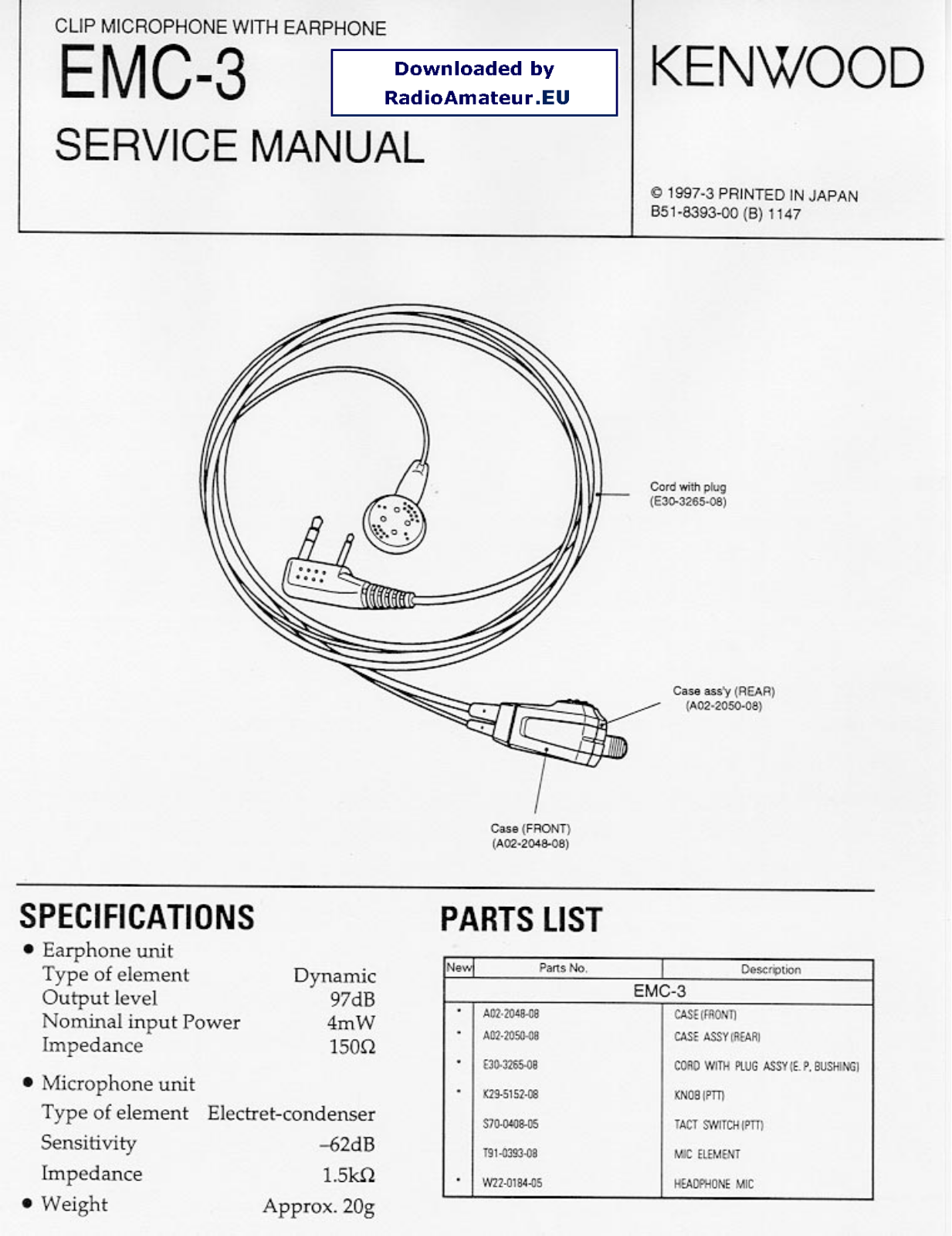 Kenwood EMC-3 - Headset - Ear-bud Service Manual