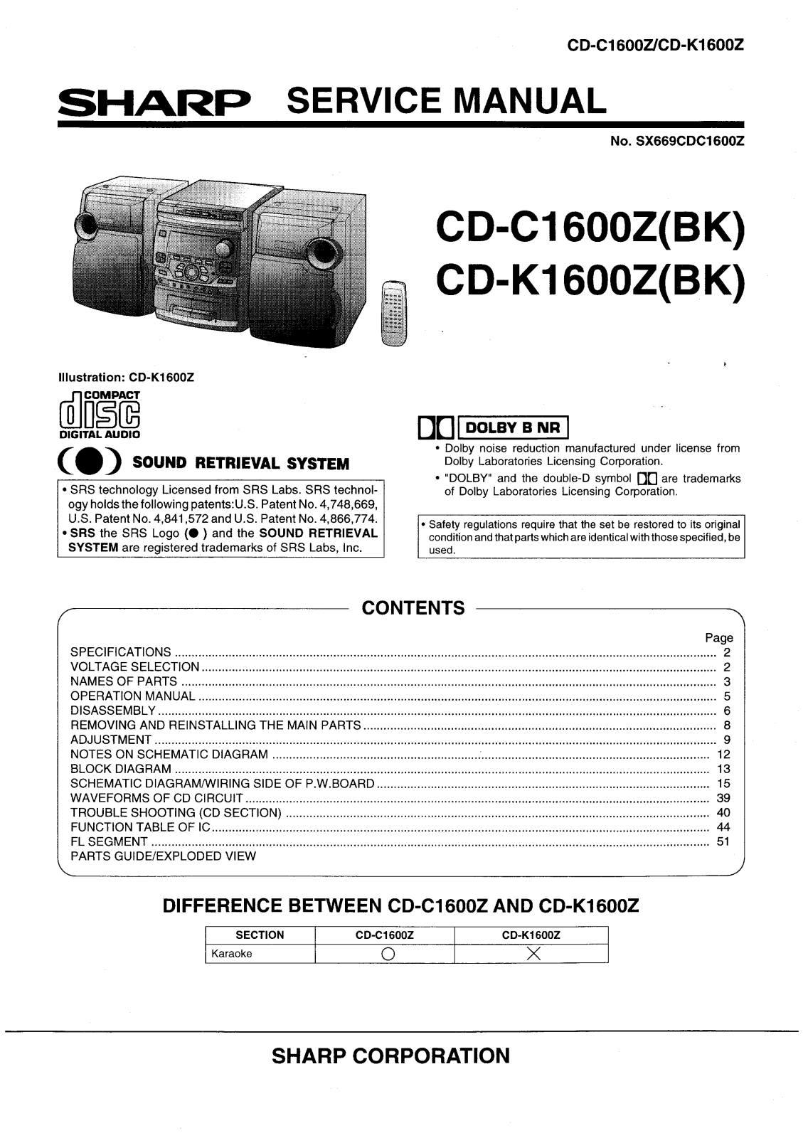 Sharp CD-C1600Z, CD-K1600Z Schematic