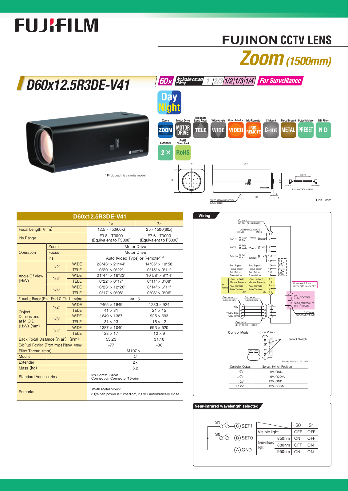 Fujinon D60x12.5R3DE-V41 Specsheet