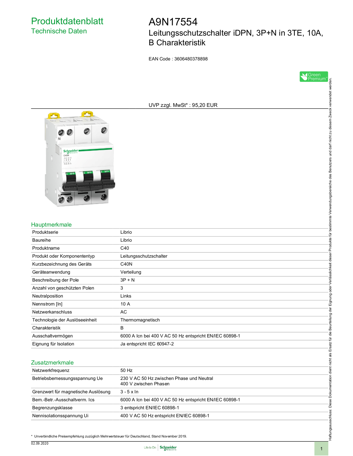 Schneider Electric A9N17554 Technische Daten