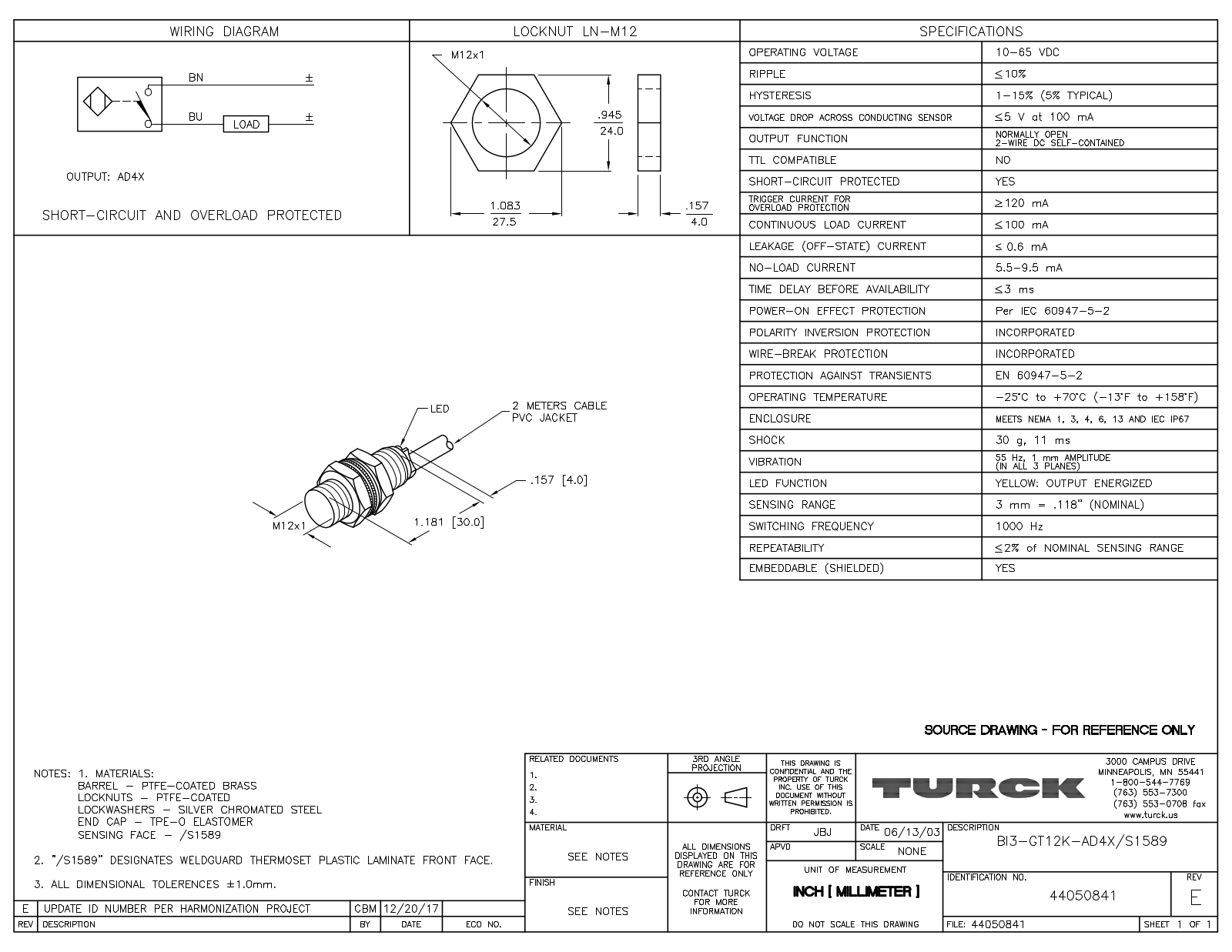 Turck BI3-GT12K-AD4X/S1589 Data Sheet