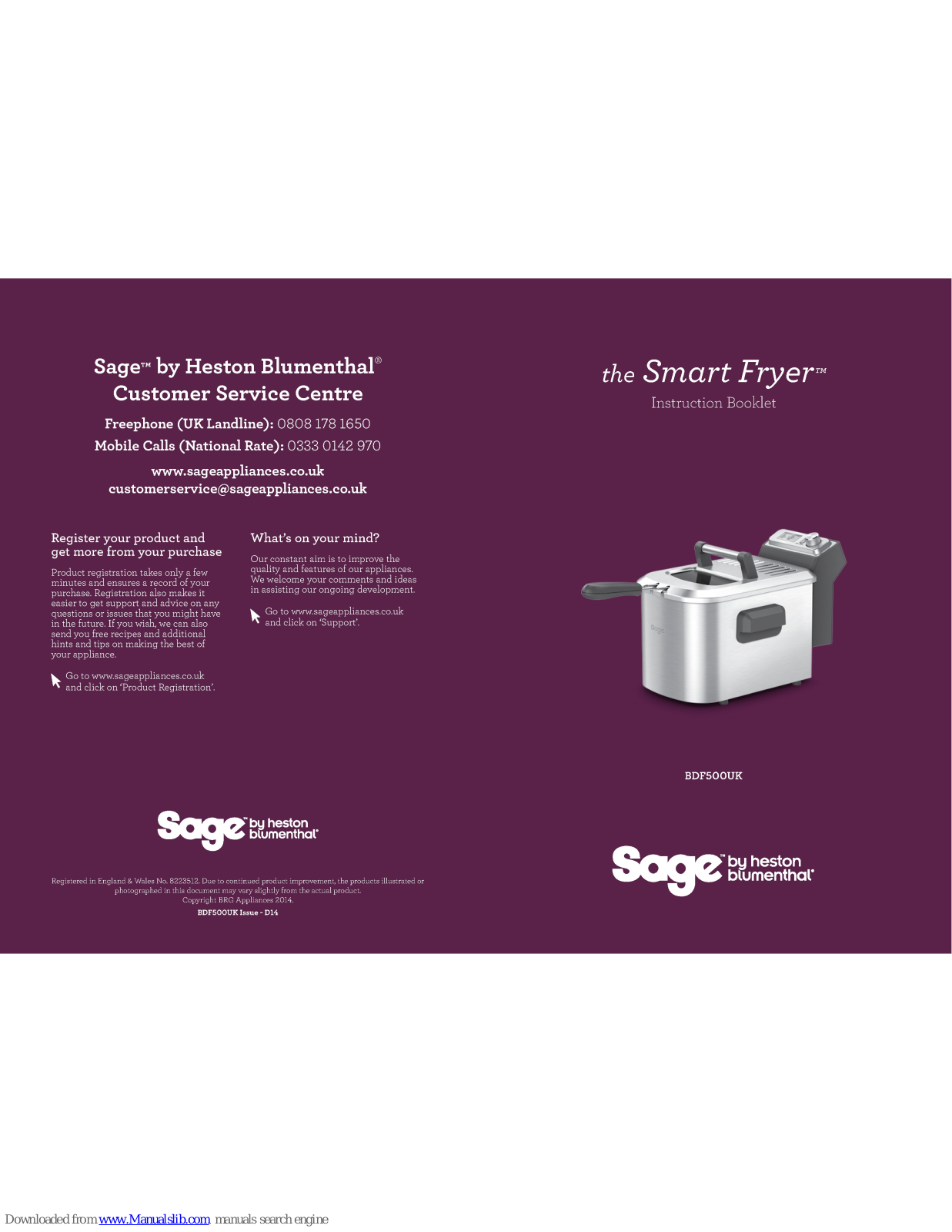 Sage Smart Fryer BDF500UK Instruction Booklet