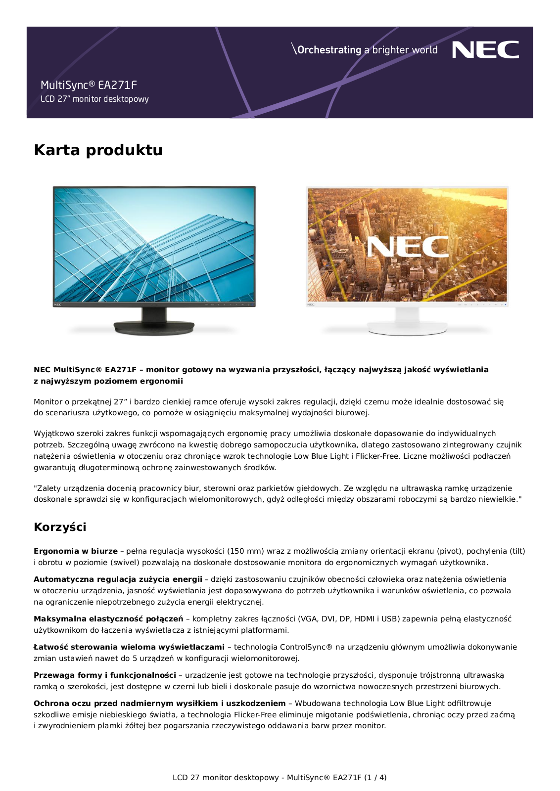 NEC EA271F-WH Karta produktu