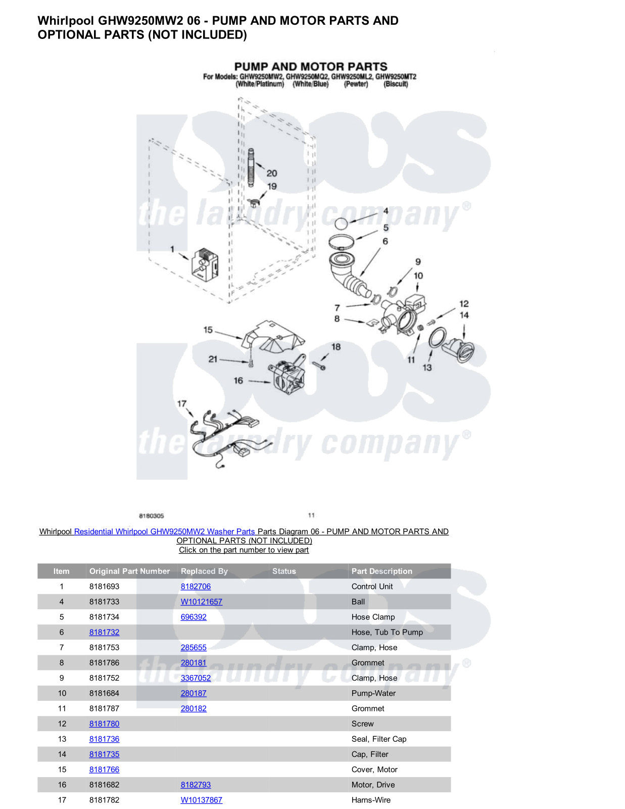 Whirlpool GHW9250MW2 Parts Diagram