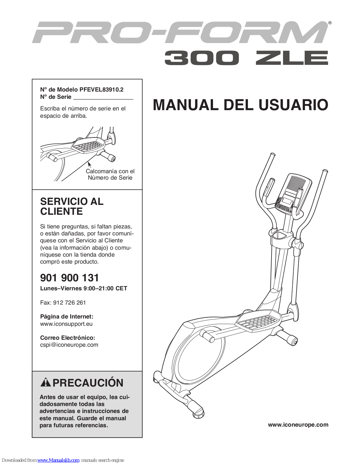 ProForm 300 Zle Elliptical, PfeVeL83910.2 Manual Del Usuario