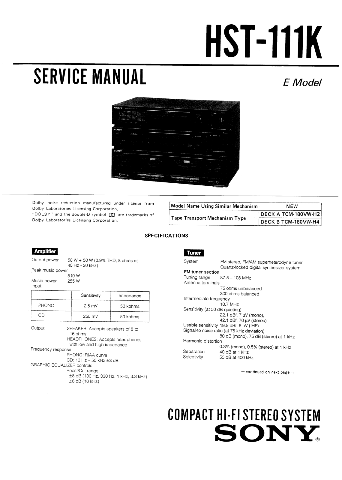 Sony HST-111-K Service manual