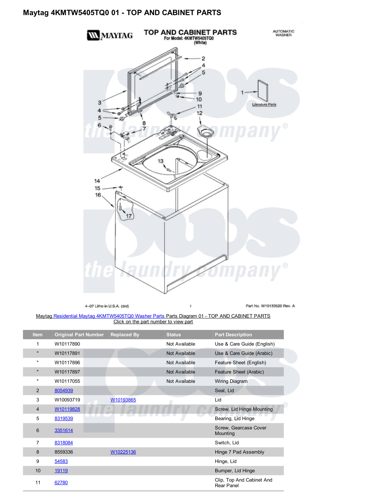 Maytag 4KMTW5405TQ0 Parts Diagram