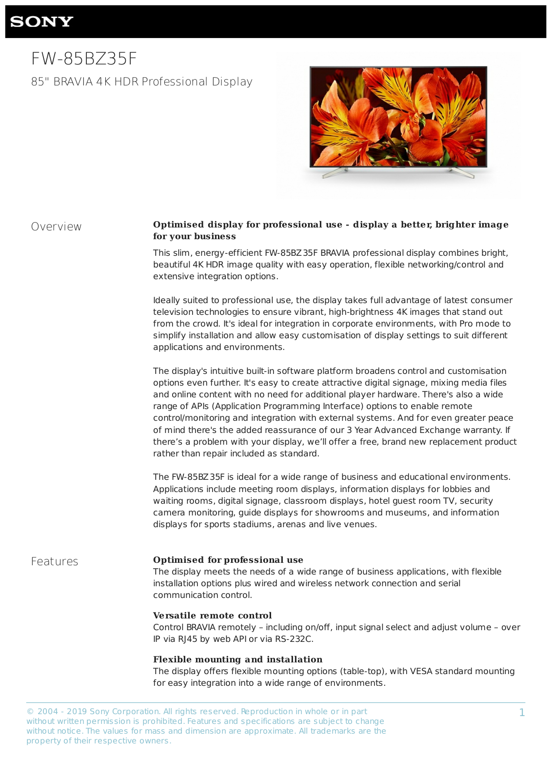 Sony FW-85BZ35F Datasheet