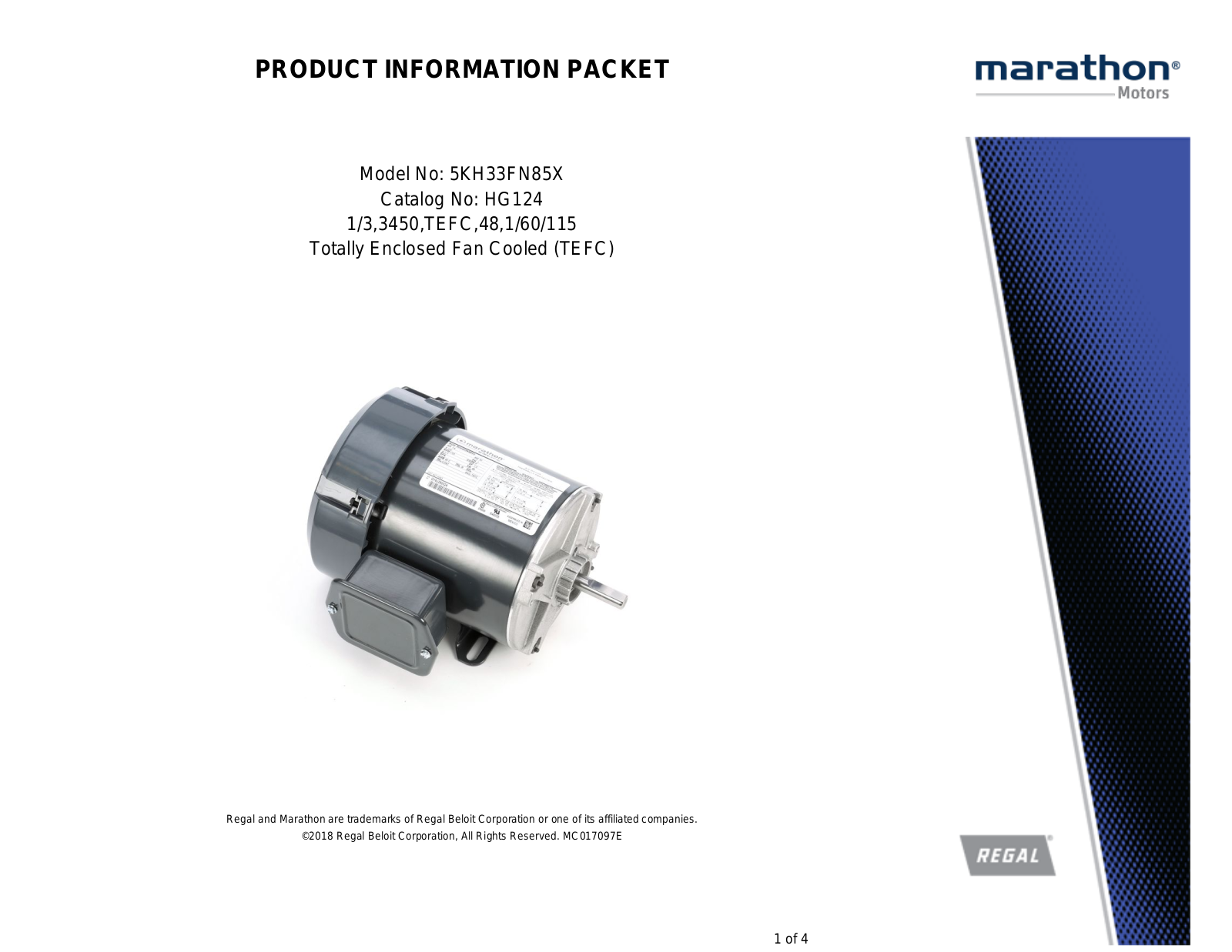 Marathon Electric 5KH33FN85X Product Information Packet