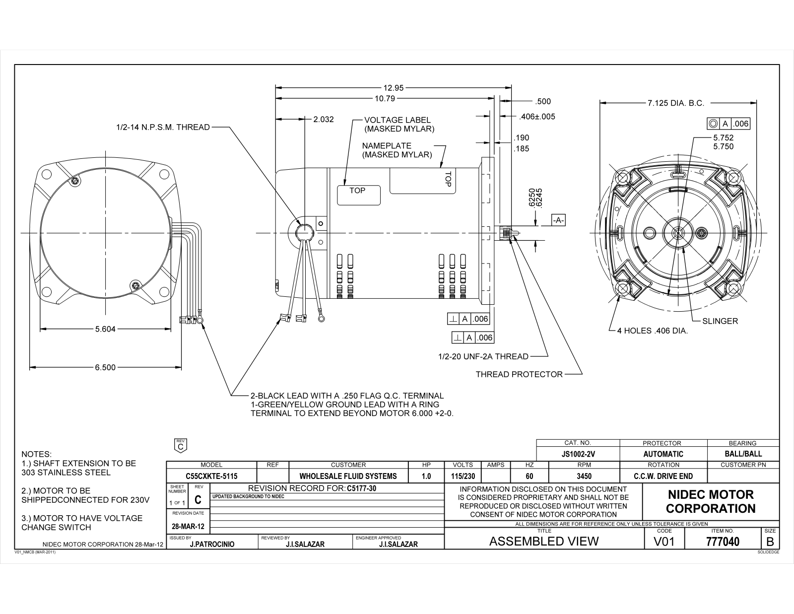 US Motors JS1002-2V Dimensional Sheet