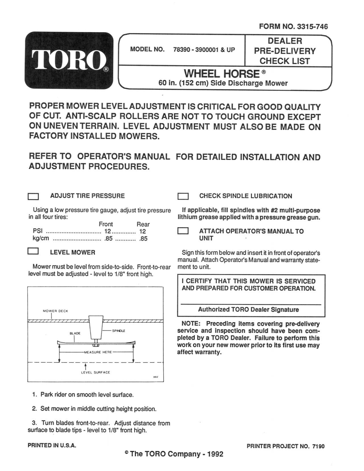 Toro 78390 Setup Instructions