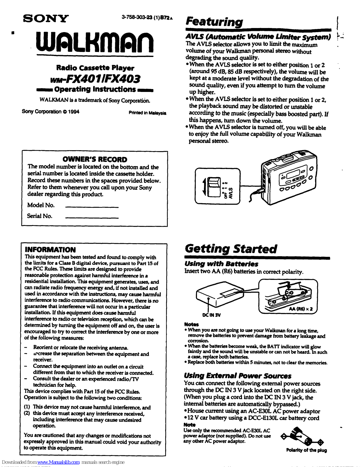 Sony Walkman WM-FX401, Walkman WM-FX403 Operating Instructions Manual