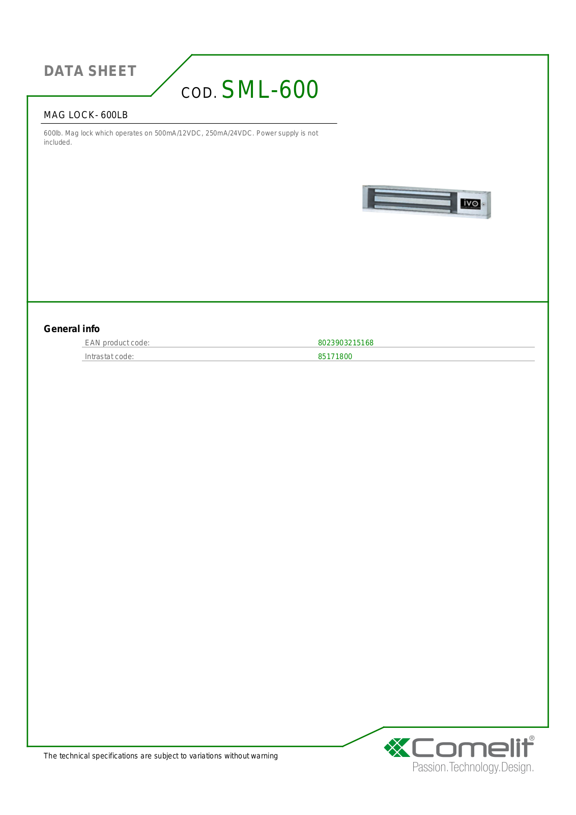 Comelit SML-600 Specsheet