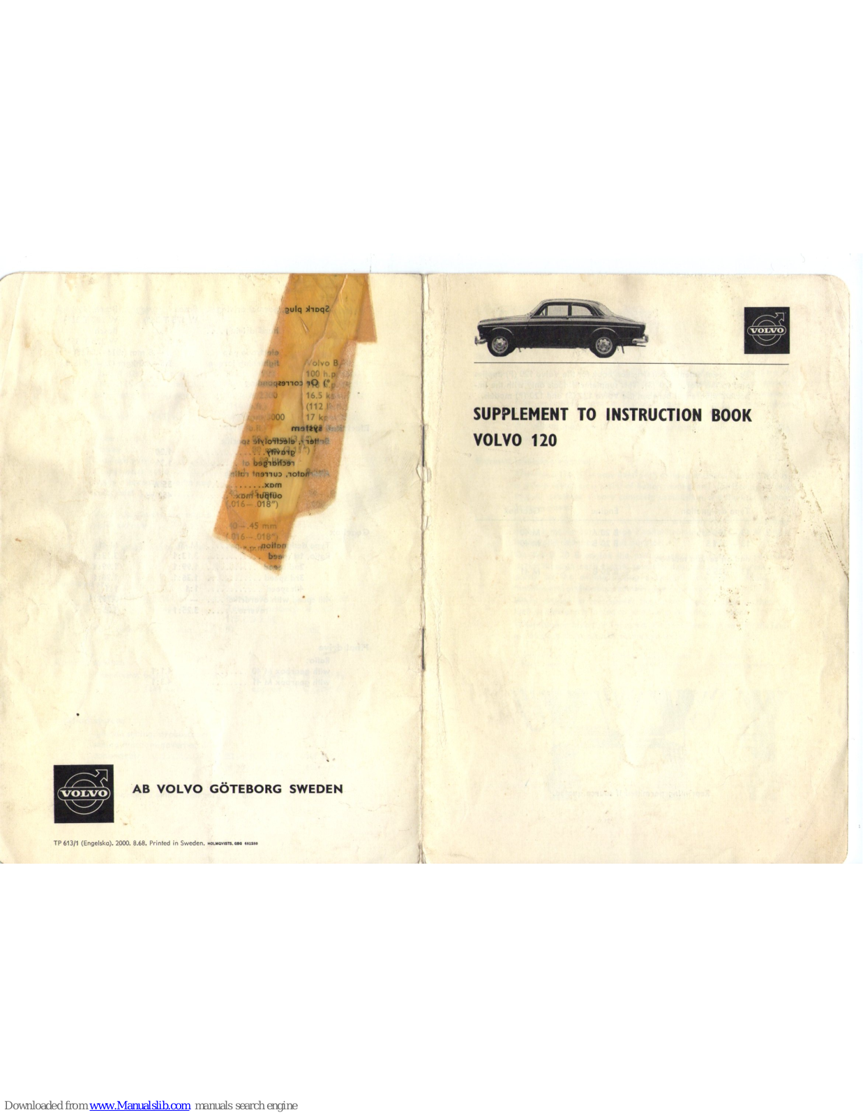 Volvo 120, 120S Supplement To Instruction Manual