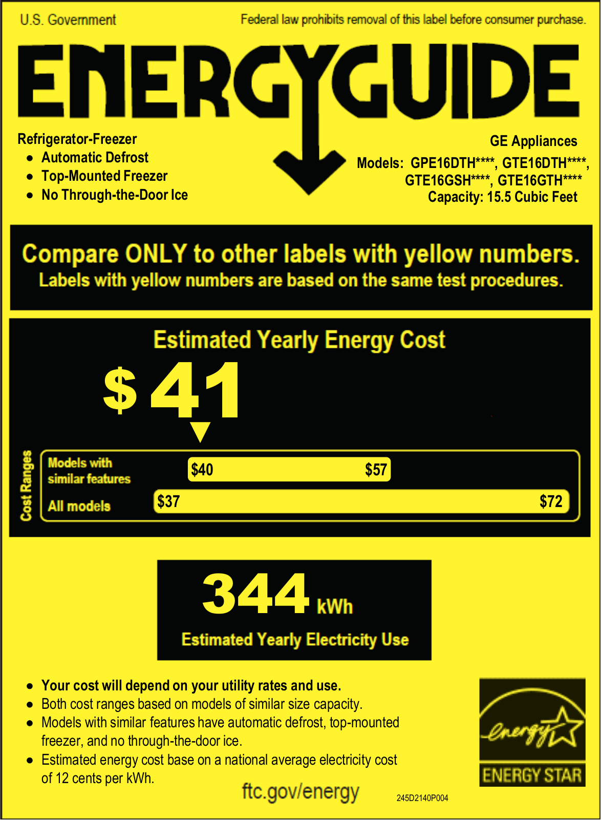 General Electric GTE16DTHCC Energy Guide