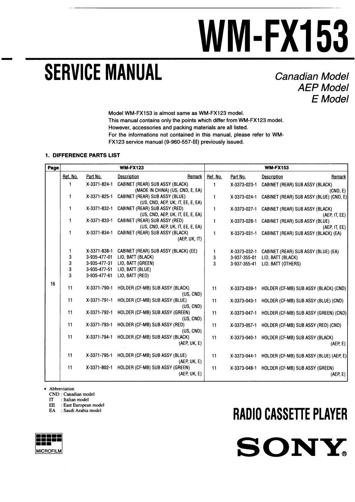 Sony WM FX 153 Service Manual