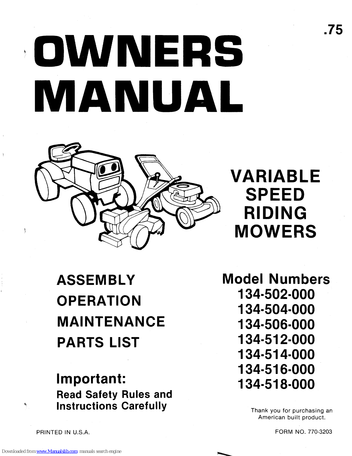 MTD 134-502-000, 134-504-000, 134-506-000, 134-512-000, 134-514-000 Owner's Manual