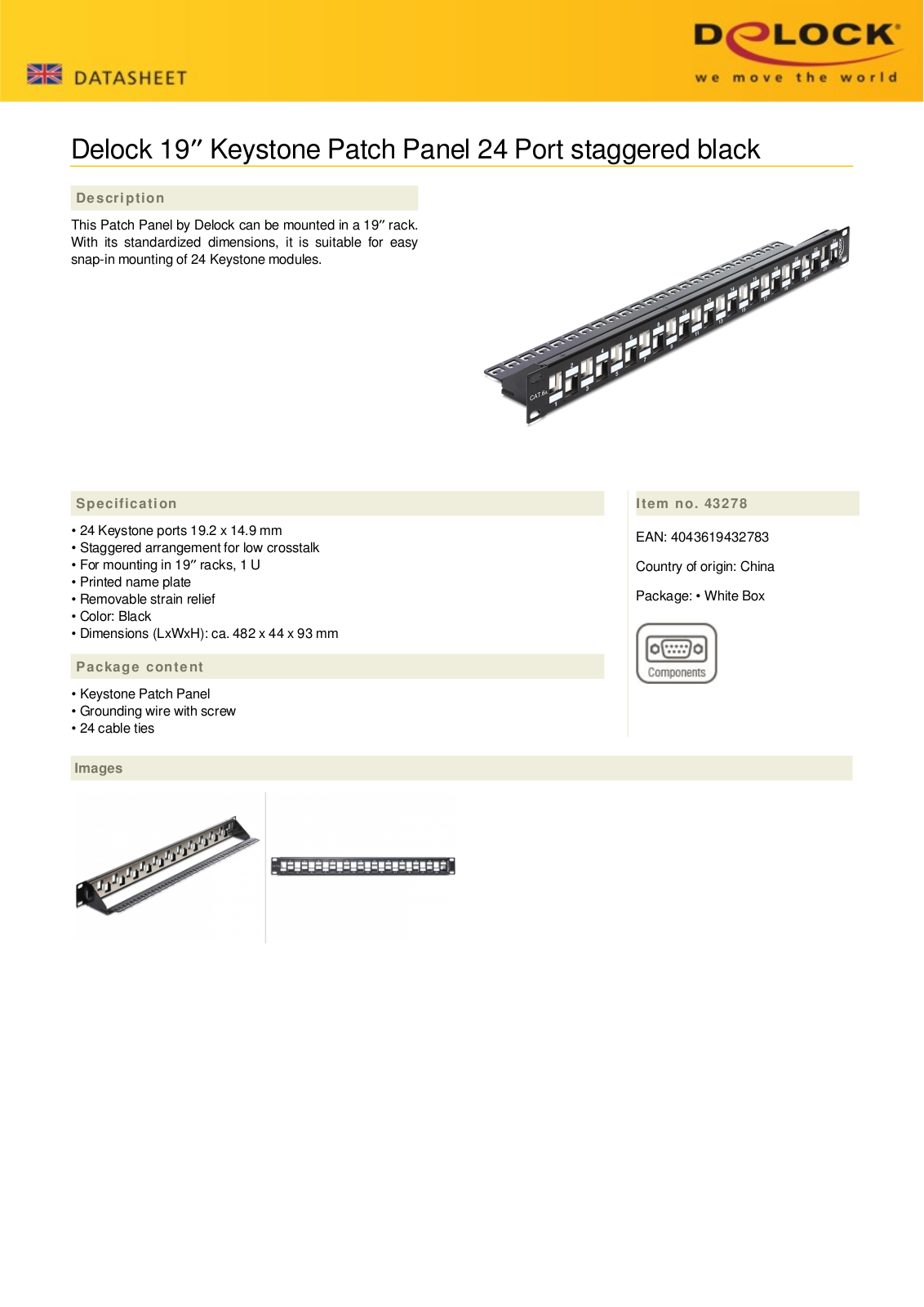 DeLOCK patch panel for RJ-45 Keystone modules, graded, 19  black, 24-port, 1U User Manual